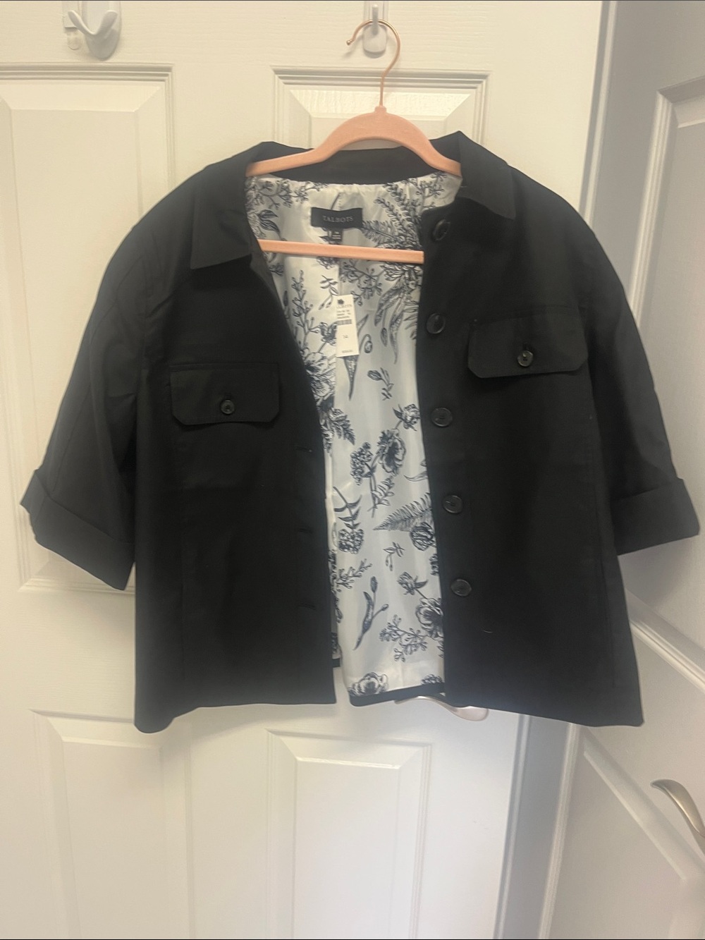 Talbots Black Short-Sleeve Button Jacket with Floral Lining
